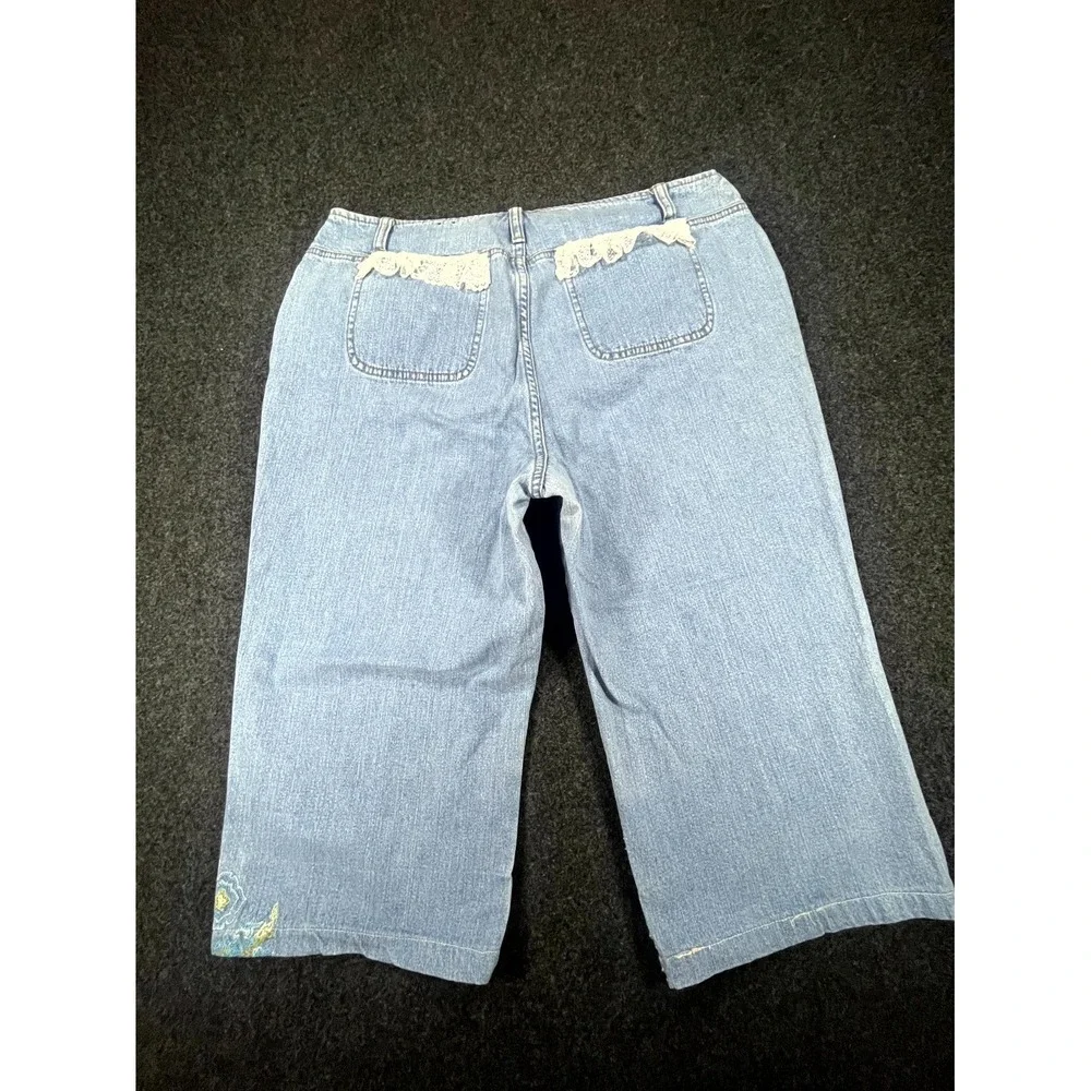 Y2K French Cuff Capri Jeans Women's 12 Blue Denim Embroidered Lace Trim Grunge